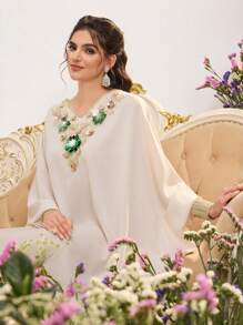 Al Najma Women's Apricot V-Neck Three-Dimensional Beaded Edge Turkish Bat Sleeve Stitching Kaftan & Arabian Traditional Long Dress Spring Valentine's Day, Kaftan & Jalabiya,Modest - Apricot - View 1