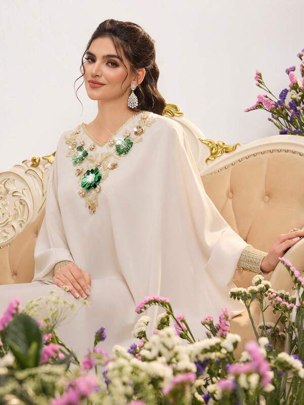 Al Najma Women's Apricot V-Neck Three-Dimensional Beaded Edge Turkish Bat Sleeve Stitching Kaftan & Arabian Traditional Long Dress Spring Valentine's Day, Kaftan & Jalabiya,Modest