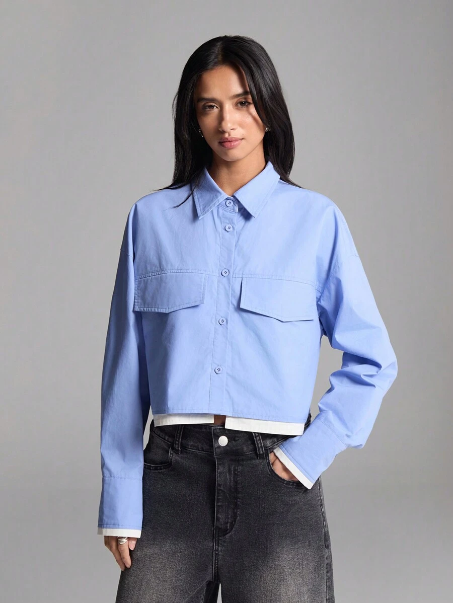 LYSMO Damen Langarm Einzelknopf Lässiges Blaues Hemd