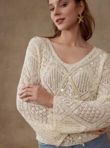 MOTF PREMIUM OPEN KNIT FLARE SLEEVE TOP - Apricot - View 5