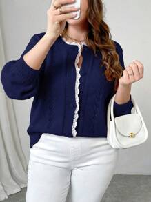 Celure Plus Size Women Solid Color Lace Loose Cardigan, Casual Autumn & Winter