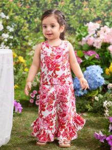Conjunto de 2 piezas para bebés niñas de verano con estampado floral lindo: chaleco con bajo con volante y pantalones