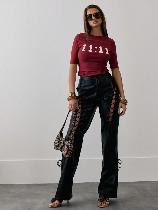 MUSERA Mid Rise PU Straight Leg Lace Up Trousers Spring Summer Y2k Vacation Holiday Streetwear