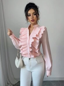 Elenzga Blusa Casual Feminina de Manga Longa com Decote em V e Borda Recortada - Rosa Bebê - Visão 4