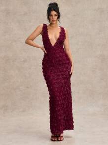 SHEIN BAE 早春/夏季纯色红色/酒红色性感简约优雅 V 领细肩带紧身连衣裙，带 3D 花卉蕾丝花边，适合情人节、派对、约会、伴娘、舞会、办公室、日常 - 紅色 - 查看 5