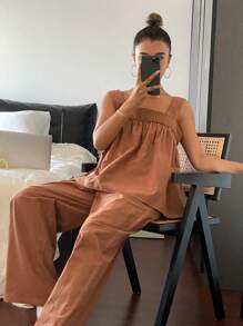 DAZY Simple Wide Strap Ruched Design Top And Loose Straight Leg Pants Pajama Set - Khaki - View 6