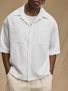 Forever 21 Men's White Loose Casual Double Pocket Lapel Short Sleeve Shirt - White - View 4