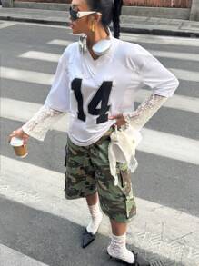 Women's V-Neck Numeric Print Casual Blouse, Versatile For Everyday Wear Fall Cloth For Women