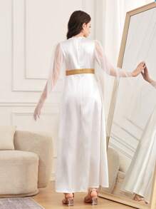 SHEIN Leap Crew 少女奢华、优雅、迷人、假日、派对礼服、铂金、金色花朵、水晶缎面连衣裙 - 白色 - 查看 2