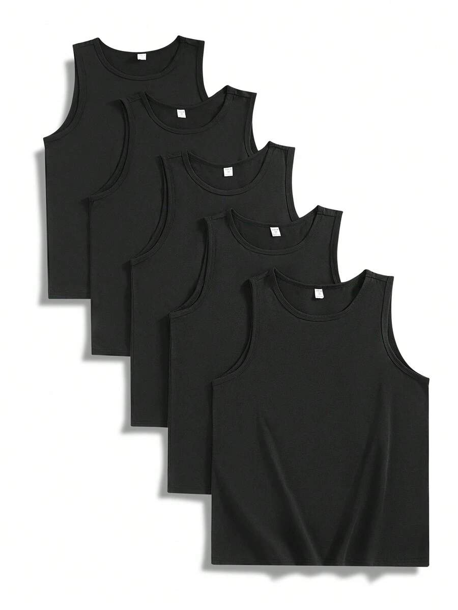 SHEIN Leap Crew 5pcs/Set Teen Boy Casual Basic Sleeveless Top, Comfortable Crew Neck, Spring/Summer - Black - View 1