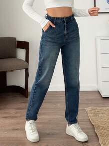 EURMUSE WOMEN HIGH WAIST MOM FIT JEANS - Dark Wash - View 4