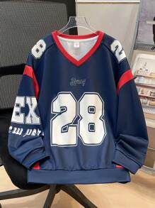 SHEIN Leap Crew Tween Boy Sporty Letter Color Block Graphic Long Sleeve V-Neck Sweatshirt, Suitable For Autumn/Spring, Suitable For Outdoor Play, Sports, School, Street, Party And Leisure, High Cost-Effective - Navy Blue - View 1