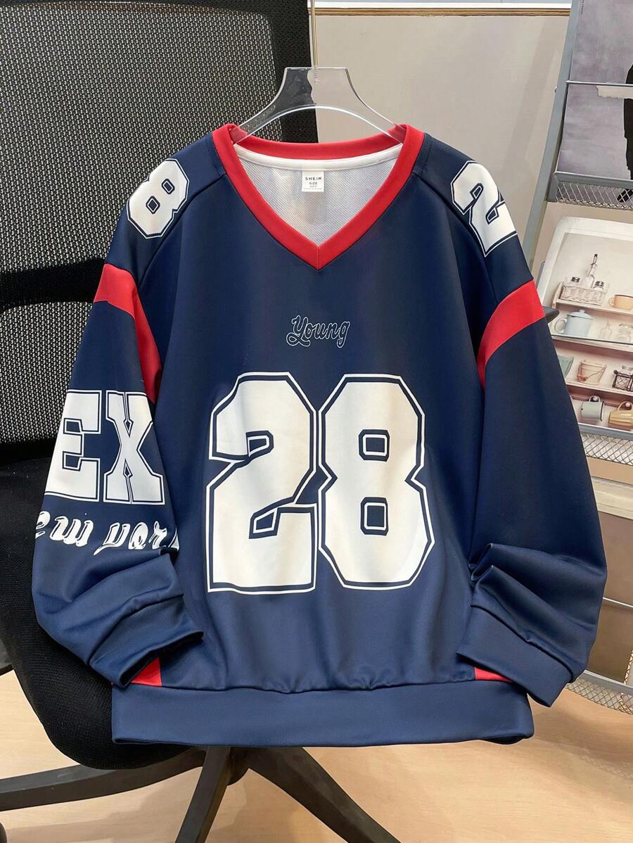 SHEIN Leap Crew Tween Boy Sporty Letter Color Block Graphic Long Sleeve V-Neck Sweatshirt, Suitable For Autumn/Spring, Suitable For Outdoor Play, Sports, School, Street, Party And Leisure, High Cost-Effective - Navy Blue - View 1