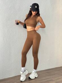 Easithlete Women's Solid Color Sleeveless Casual Top And Pants Sports Suit, Seamless Workout Women Set - Brown - View 6
