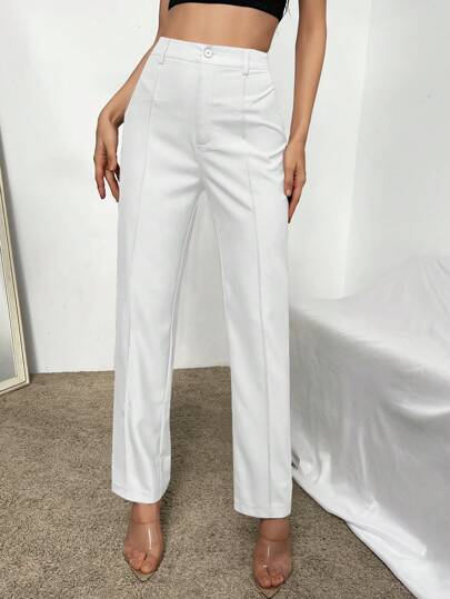 RueChic 女式纯色前扣直筒裤，日常休闲女装裤子女式正装裤子女式正装裤子女士休闲裤