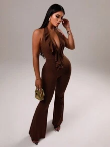 VaVaBold Women's V-Neck Ruffled Trim Sleeveless Slim Elegant Coffee Jumpsuit - Coffee Brown - View 5