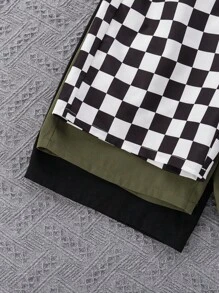 2pcs/Set Tween Boy Casual Conservative Classic Plaid/Solid Color Patch Pocket Loose Woven Shorts Outfit, 3 Designs, Suitable For School, Garden, Beach, Birthday, Spring/Summer/Autumn/Winter