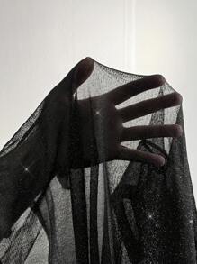 SHEIN EZwear 女款性感西式亮面黑色亮片網格短袖T恤，適合秋季音樂節、夜晚外出、夜店、萬聖節 - 黑色 - 查看 6