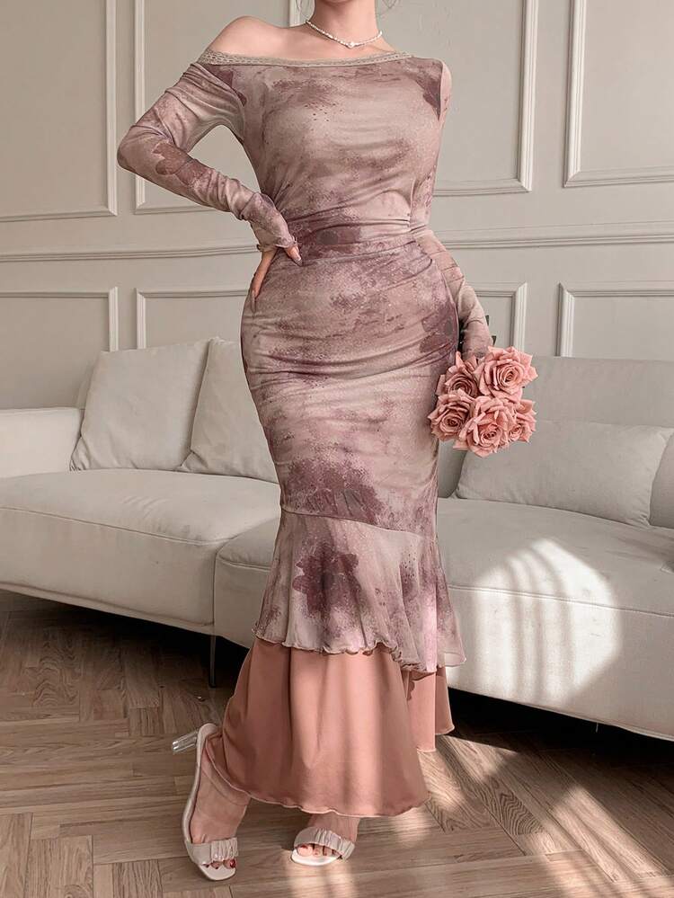 Full Print Tie-Dye Asymmetric Neck Ruffle Patchwork Women's Mid-Length Dress,Fall Dress Long Sleeve Dress