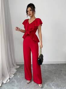Chiquease Ruffled Waist Elegant Fashionable Vacation Jumpsuit, Red - Red - View 3