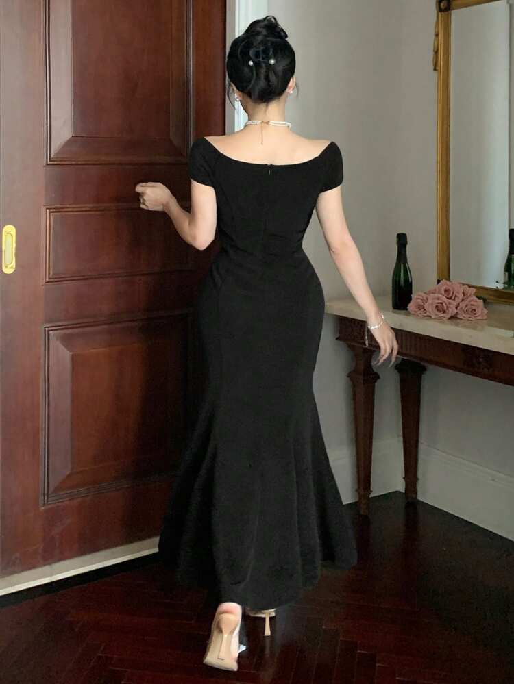 Women's Solid Color Off Shoulder Wrapped Fishtail Hem Dress, Spring & Summer Elegant, Formal Women Dress Cocktail Dress