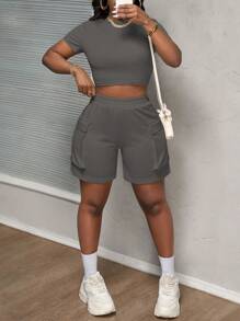 Slaydiva 春夏休闲基础款运动圆领短袖短款紧身T恤+修身侧立体工装口袋短裤七分裤杏色女两件套 - 灰色 - 查看 4