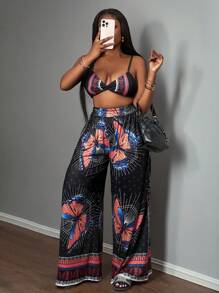 Slaydiva Vacation Suspenders, Ultra-Cut Top, Wide-Legged Ultra-Long Pants, All-Over Butterfly Print Women's Two-Piece Set-C - Black - View 3