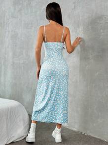 SHEIN EZwear 印花针织带开衩下摆女式度假连衣裙 - 淺藍色 - 查看 2
