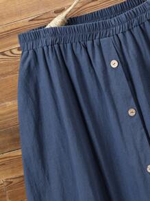 EMERY ROSE Falda de rodilla con abotonadura frontal y diseño bordado en línea A para mujeres de talla grande, hecha de algodón - Azul - Ver 4