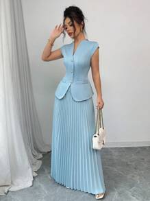 Gloray Set de 2 piezas blusa de mujer de unicolor con botones delanteros elegantes y falda plisada