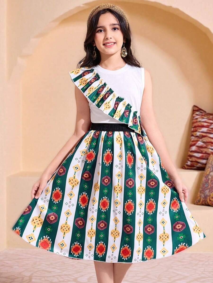 SHEIN 2 件套青少年女孩休闲荷叶边圆领无袖上衣和几何花卉印花裙,夏季服装、度假、夏季、旅行 - 白色 - 查看 1