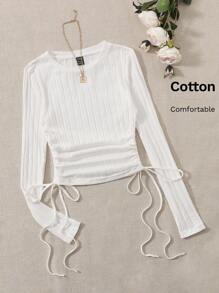 SHEIN EZwear 側抽繩褶邊條紋針織T恤 - 白色 - 查看 7