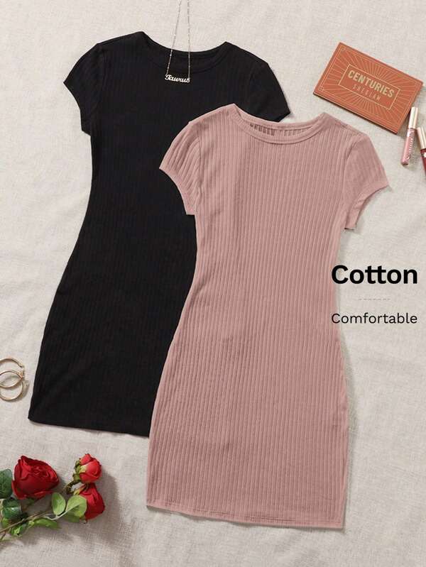 SHEIN EZwear 2 حزمة من الفساتين محبوكة بطريقة الضلوع