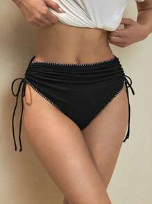 SHEIN Swim Summer Women's Simple Sexy Beachwear Bottom With Unique White Edging Design - Black - View 8