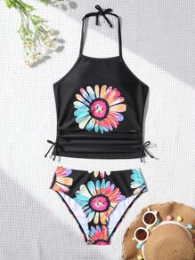 SHEIN Tween Girls' Fitted Casual Minimalist Comfortable Butterfly Tied Decor Camisole Bikini Top