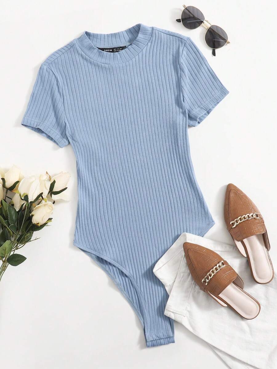 SHEIN EZwear Mock-neck Rib-knit Bodysuit