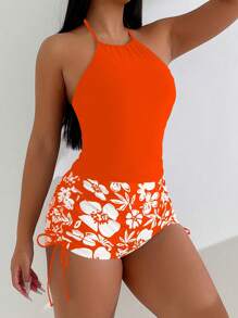 SHEIN Swim Vrouwen Vakantie Casual Halter Hals Tankini Set Badmode, Voor Zomer Strand