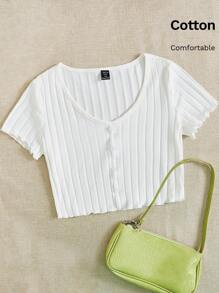 SHEIN EZwear Top tejido de canalé con botón delantero de borde en forma de lechuga - Blanco - Ver 6