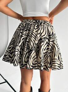 SHEIN Essnce 女式动物印花荷叶边下摆迷你裙，高腰百褶裙，性感芭蕾舞裙，派对装，街头装，夏季/春季女式裙子，女式斑马纹迷你裙。返校节裙子，迷你裙，女士演唱会服装，演唱会女装/狂欢节 - 彩色 - 查看 2