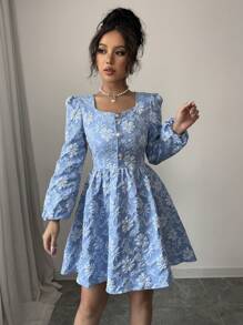 Rafferiza Women's Jacquard Pattern Solid Color Long Sleeve Dress Fall Cloth For Women - Blue - View 5