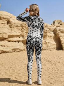 LanaWest 2pcs Women Casual Geometric Print Long Sleeve Top And Pants Set Fall Cloth For Women - Black and White - View 2