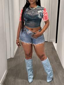 Slaydiva Plus Size Women's Money Print Sheer Mesh Short Sleeve Crop Top - Multicolor - View 6