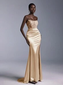 Elitara Women's Lace Patchwork Fish Bone Stitching Fish Tail Slit Formal Evening Gown,Elegant Prom Dress For Wedding Guest,Graduation,Dinner,Party Dress - Champagne - View 7