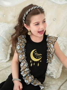 SHEIN Ramadan Girls Spring Dress, Girls Vintage Floral Print Ruffle Trim Moon Gold Print Front Panel Fitted Comfortable & Elegant Girls Dress - Multicolor - View 5