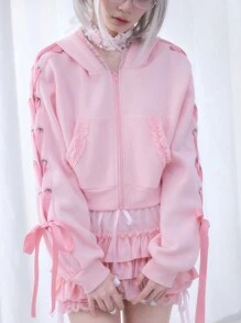 ROMWE Kawaii 女士蕾丝边兔耳和蝴蝶结装饰抽绳连帽衫