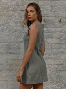 MUSERA High Scoop Neck Seam Detail Zip Back Fitted Denim Mini Dress Spring 90's Cute Summer Chic - Green - View 3