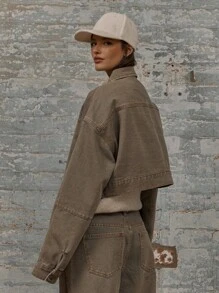 MUSERA Cropped Boxy Fit Long Sleeve Seam Detail Collared Denim Jacket Spring 90's Y2k Streetwear Summer Concert Streetwear Back To School Fall Autumn Winter Everyday Work Office Casual  Chic - Camel - View 3