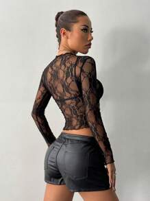 SHEIN Tall Maglietta da donna a maniche lunghe con scollo tondo in pizzo, sexy
