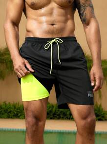 Surfspeed 大码男士撞色抽绳腰沙滩短裤泳装，休闲度假 - 黑色 - 查看 7