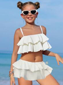 SHEIN Tween Girls Textured Multi-Layer Ruffle Trim Cami Bikini Set, Bikini Set Skirt Summer Beach, Beach Vacation Wear - Beige - View 2